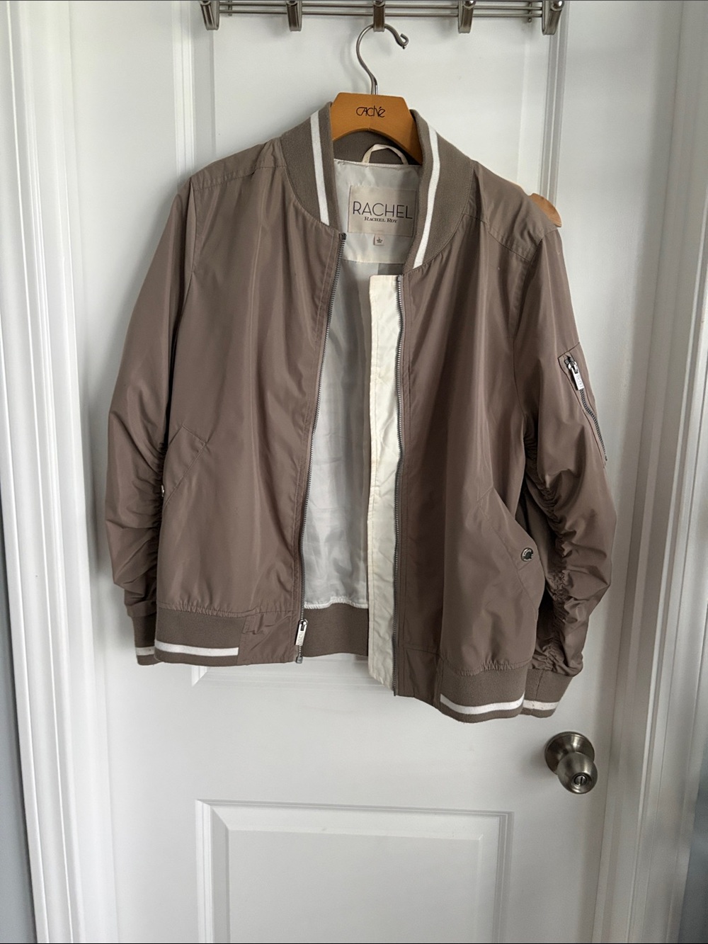 RACHEL Rachel Roy Taupe Bomber Jacket with White Trim